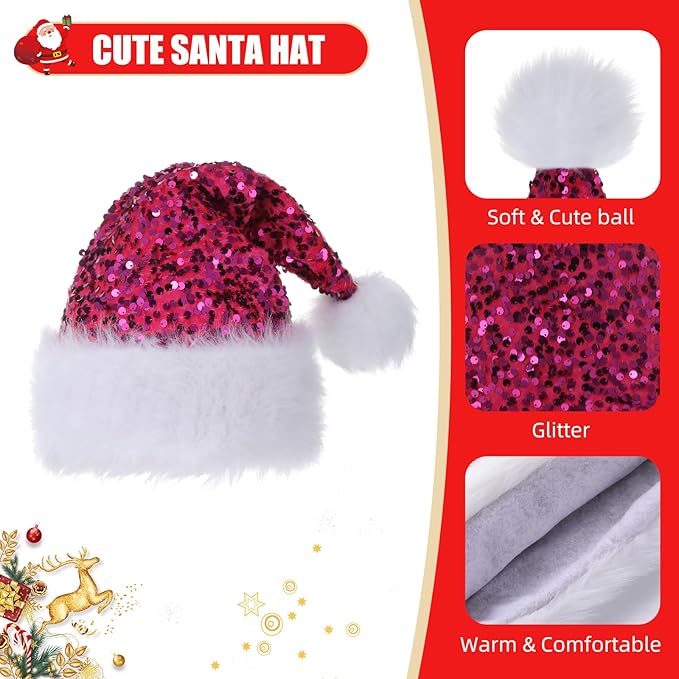 Personalized Sequin Santa Hat for Adults, Red Glitter Christmas Party Hat, Xmas Halloween New Year Holiday Headwear