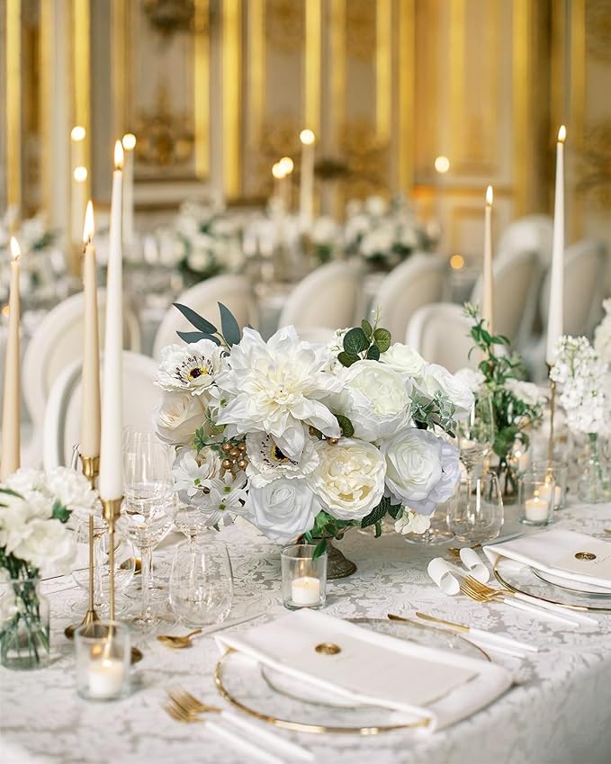 White Rose Artificial Flowers Fake Flower Bulk with Stems for DIY Wedding Bouquet Bridal Baby Shower Centerpiece Table Decorations Silk Faux Floral Arrangements for Party Home Decor Indoor