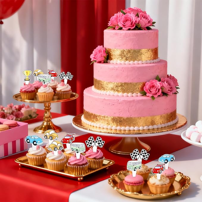 24pcs Car Cupcake Toppers, Race Car Birthday Party Supplies Black White Checkered Flag Cake Decorations Racing Theme Party Favors for Boys Kids