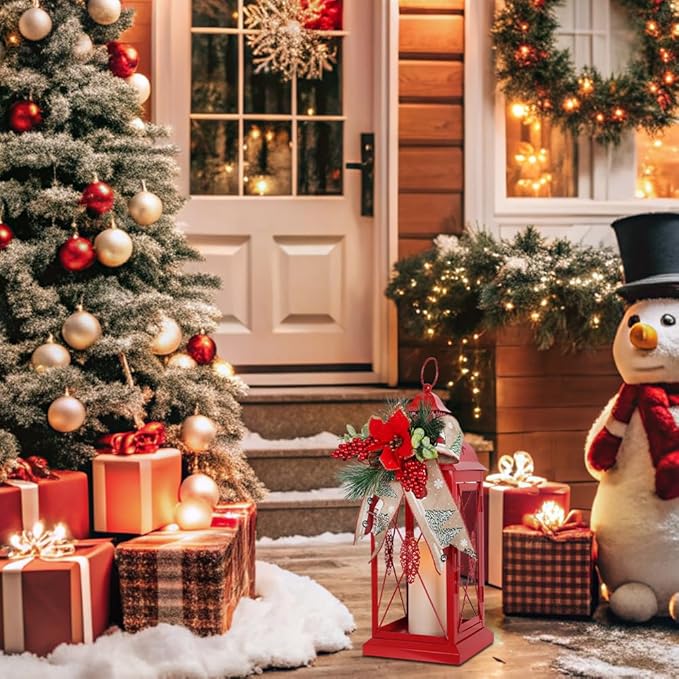 DECORKEY Christmas Decorations, 18” Metal Christmas Lantern with LED Candle and Floral Accents for Home Decor, Decorative Hanging Candle Holder Indoor Outdoor for Table Centerpieces, Porch, Patio