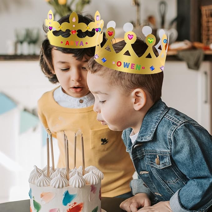 38 Pcs Paper Crowns for Kids Boys Girls Adults Princess Prince King, Classroom Crown, Birthday Party Hats with Gold Gem Jewels Number Letter Stickers, DIY Decorate Decor Favor Supplies