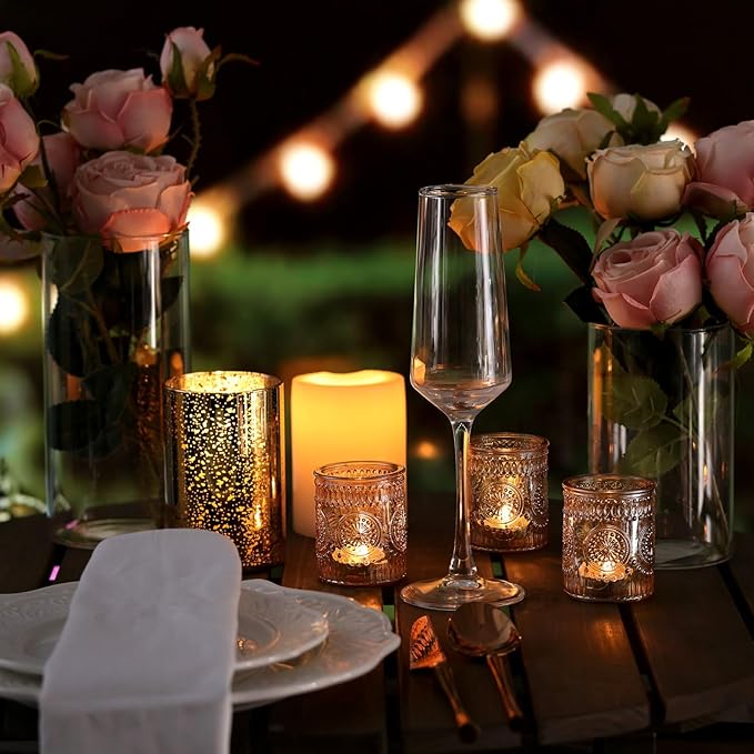 DEVI 48 Pcs Gold Votive Candle Holders Bluk, Gold Wedding Decorations, Glass Candle Holder for Tea Lights, Wedding Party Diwali Centerpieces for Table, Birthday Party Supplies