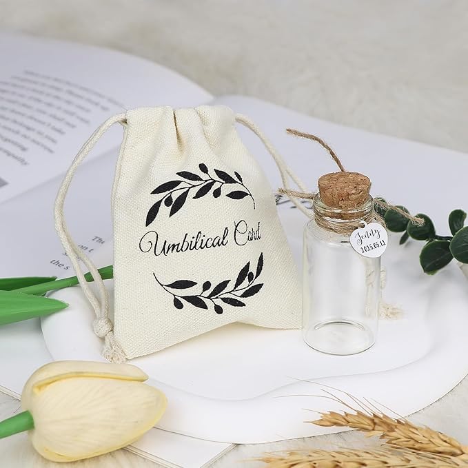 Umbilical Cord Keepsake Glass Bottle with Cork, Jar for Umbilical Cord/fetal Hair Storage and Memorial, Gift for Newborn Christening Baby Shower, Comes with Gift Bag (Customized)