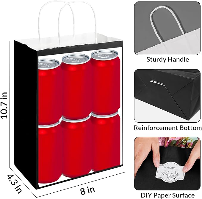 SUNEE Gift Bags with Handles 8x4.3x10.7, 100 Pcs Paper Bags Medium Size Bulk for Gift Wrapping, Retail, Party Favors and Small Business - Black
