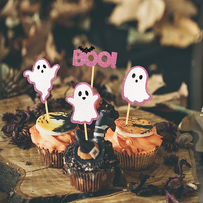 24 Pack Glitter Ghost Cupcake Toppers - Baby Shower Cupcake Toppers Decor Gender Reveal Party Decorations (Pink)