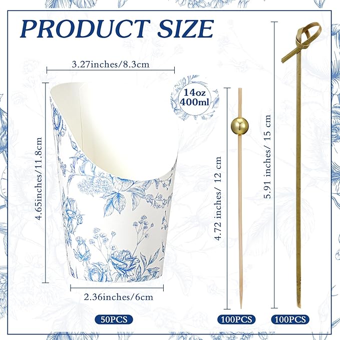 Tioncy 250 Pcs Charcuterie Cups with Cocktail Picks Sets, Bridal Shower Decoration 50 Charcuterie Cups with 200 Sticks for Wedding Baby Shower Floral Boho Witch Party Decorations(Blue,Flower)