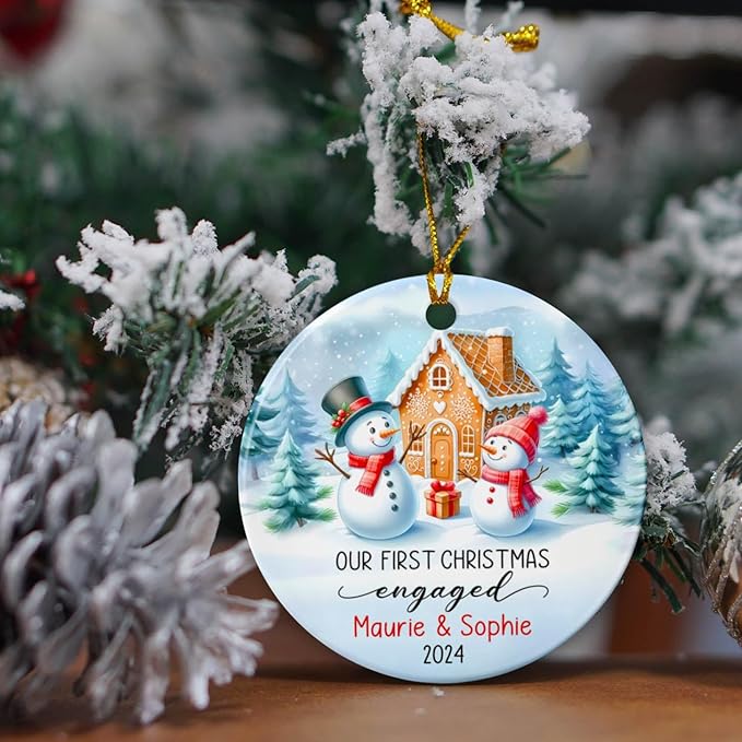 Personalized Engagement Ceramic Ornament 2025, Gifts for Newly Engaged Couples, Our First Christmas Engaged Ornament, Custom Year & Names Couple Snowman Just Engaged Ornament, Happy Engagement Gift