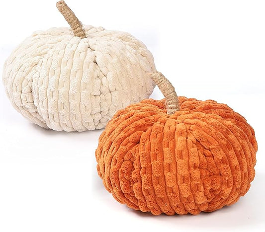 2pcs Faux Pumpkins Fall Harvest Fabric Plush Pumpkin Thanksgiving Halloween Decor for Table Centerpiece Farmhouse (Beige Orange)