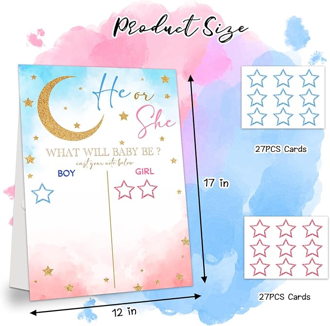 LNOKRIM Gender Reveal Party Games, Twinkle Little Star Theme Baby Gender Reveal Voting Board Sign, 48 Boy Girl Voting Stickers, He or She, Gender Reveal Party Centerpiece Decorations (12x17)