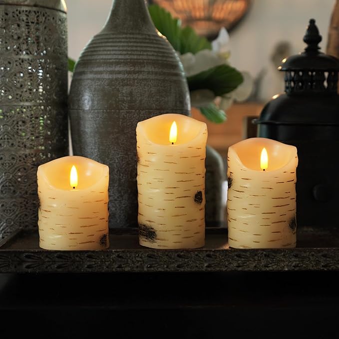 Homemory Birch Flameless Candles, LED Pillar Candles, Battery Operated Candles with Timer and Remote Control, D3 H4 5" 6", Wax, Set of 3