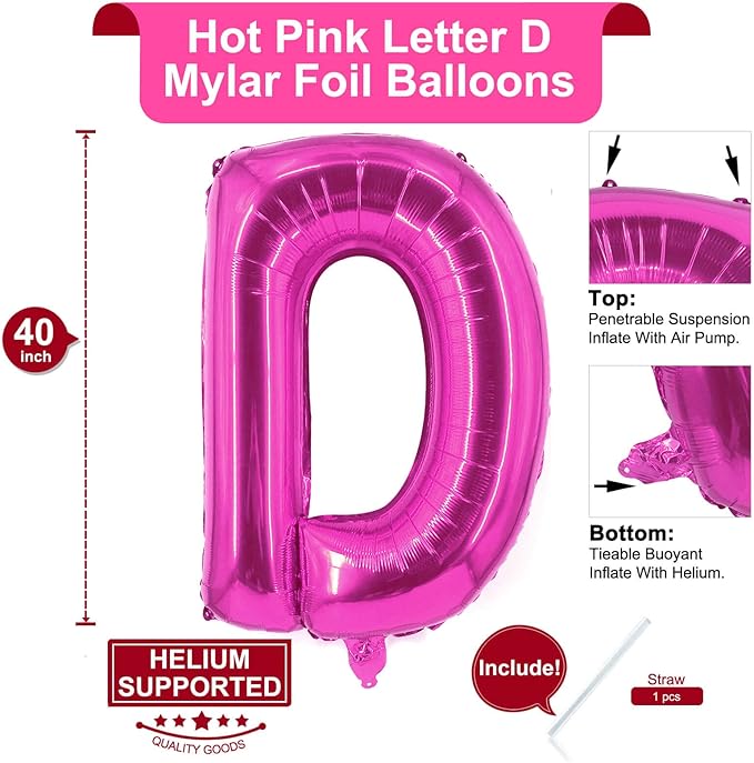 Lovoir 40 Inch Large Hot Pink Letter D Balloons Big Size Jumbo Mylar Foil Helium Balloon for Birthday Party Celebration Decorations Alphabet Hot Pink D