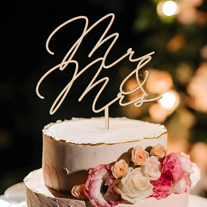Mr & Mrs Wedding Cake Topper in Wood (Design 03)