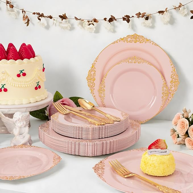125PCS Pink and Gold Plastic Plates - Pink Disposable Plates - Vintage Plate with Gold Plastic Silverware Set for 25 Guests for Weddings Parties