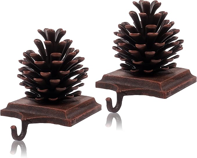 JUSTOTRY New Pine Cones Christmas Stocking Holder Set of 2 with Non-Skid Retro Brown Stocking Hangers for Mantel Fireplace Christmas Indoor Home Decor Gifts Xmas Decorations