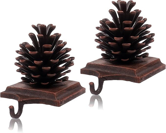 JUSTOTRY New Pine Cones Christmas Stocking Holder Set of 2 with Non-Skid Retro Brown Stocking Hangers for Mantel Fireplace Christmas Indoor Home Decor Gifts Xmas Decorations