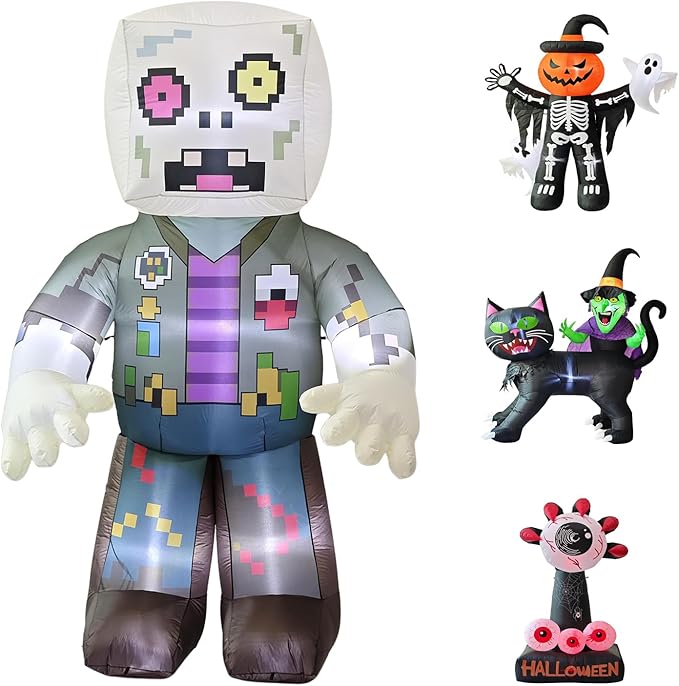 LANGXUN 8ft Pixel Zombie 2025 Halloween Inflatable Decoration - Giant Blow-Up Outdoor Indoor Cute Skeleton Ghost Yard Decor with LED Lights for Lawn, Garden, Patio Party Display