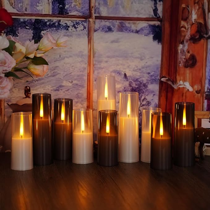 Flameless LED Candles, Upgraded Realistic 9 Pcs Flickering Flame Pillar Candles, Battery Operated Candles with Remote Timer, for Romantic Ambiance and Home Decoration (Grey)