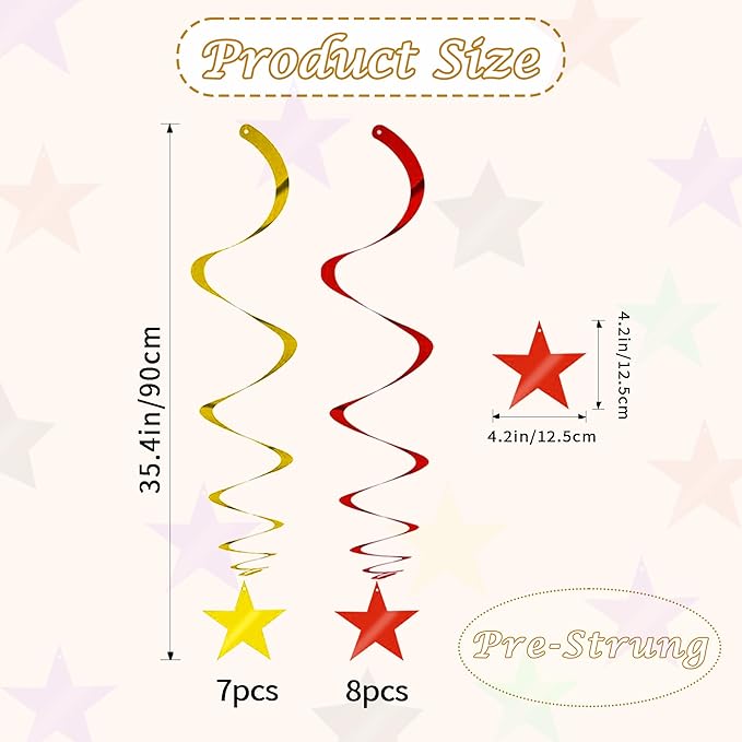 BEISHIDA Red Gold Star Hanging Swirl Decorations, Christmas Party Supplies for Birthday Graduation Wedding Christmas Decorations,Pack of 15
