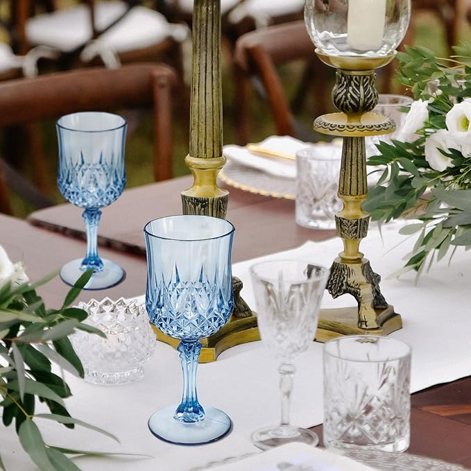 24 Pcs 7 Oz Plastic Goblets for Parties, Blue Plastic Wine Glasses Vintage Champagne Whiskey Crystal Water Goblets for Home, Office, Bars, Wedding, Ribbed (24, Ocean Blue)