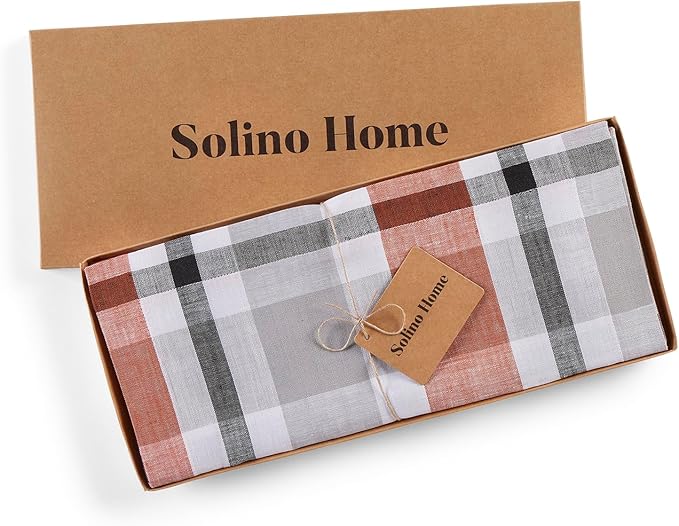 Solino Home Pure Linen Cinnamon Plaid Table Runner 14 x 48 Inch – Short Accent for Coffee Tabletop, Dresser, Bedroom, and Autumn Decor – Thanksgiving Seasonal Design