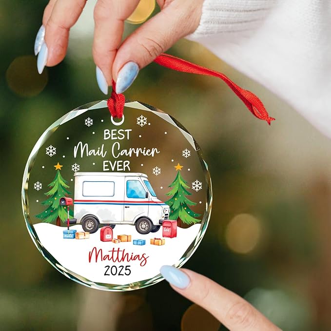 Best Mail Carrier Ever Christmas Ornament, Personalized Postal Worker Appreciation Glass Ornament, Mail Truck Christmas Tree Decorations for Mailman Postman, Custom Name & Year Mailman Ornaments Xmas