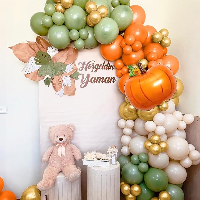 Fall Balloons Garland Arch Kit, Burnt Orange Pumpkin Foil Balloons, Orange Green Sand White Gold Balloon for Little Pumpkin Baby Shower First Birthday Thanksgiving Fall Autumn Harvest Party Decoration
