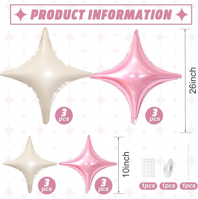 Pink White Star Balloons,12Pcs Four Angle Star Foil Balloons,26Inch and 10Inch Pink Cream White Quadrangle Helium Balloon for Birthday Baby Shower Anniversary Party Decorations