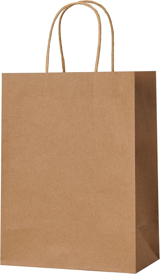 METAPRINT Brown Paper Gift Bags with Handles in Bulk, 100pcs Kraft Paper Bags 8x4.5x10.8 inch, Recyclable Shopping Bags for Retail, Grocery, Party Favors, Wedding