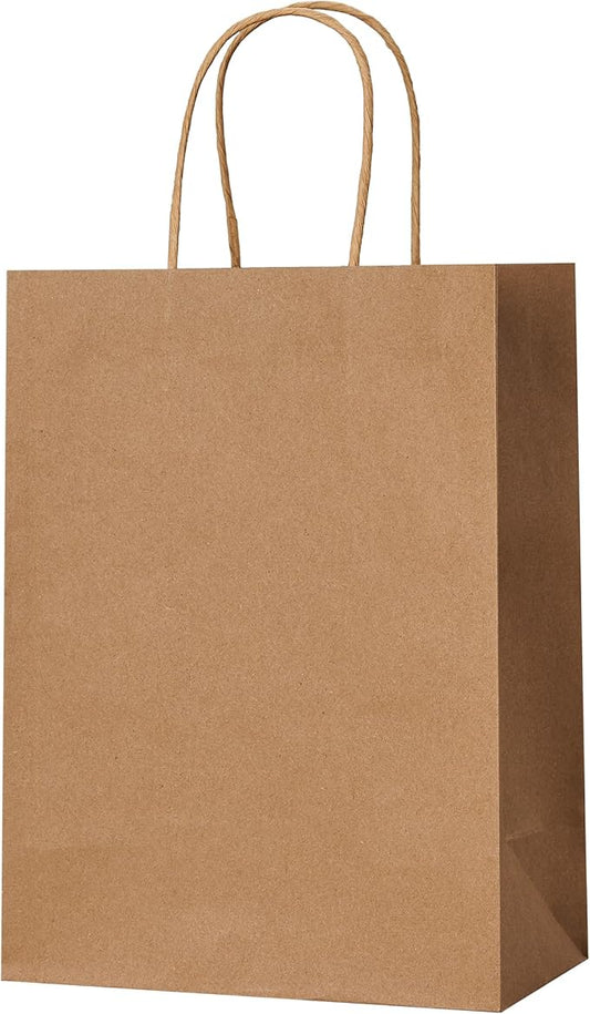 METAPRINT Brown Paper Gift Bags with Handles in Bulk, 100pcs Kraft Paper Bags 8x4.5x10.8 inch, Recyclable Shopping Bags for Retail, Grocery, Party Favors, Wedding