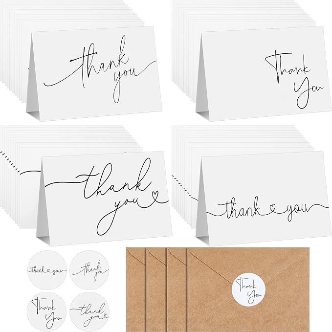 Teling 200 Set Thank You Cards with Envelopes Bulk, 6 x 4 Inch Blank Thank U Greeting Notes with Brown Kraft Envelopes Stickers Thankyou Card Set for Graduation Wedding Birthday Baby Shower(White)