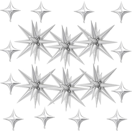 18 Pcs Silver Star Balloons, Silver Balloon with 6 Pcs 22-Inch Explosion Star Balloons 12Pcs 10-Inch Four Pointed Stars Foil Balloon for Anniversary Wedding Disco Birthday Party Decorations