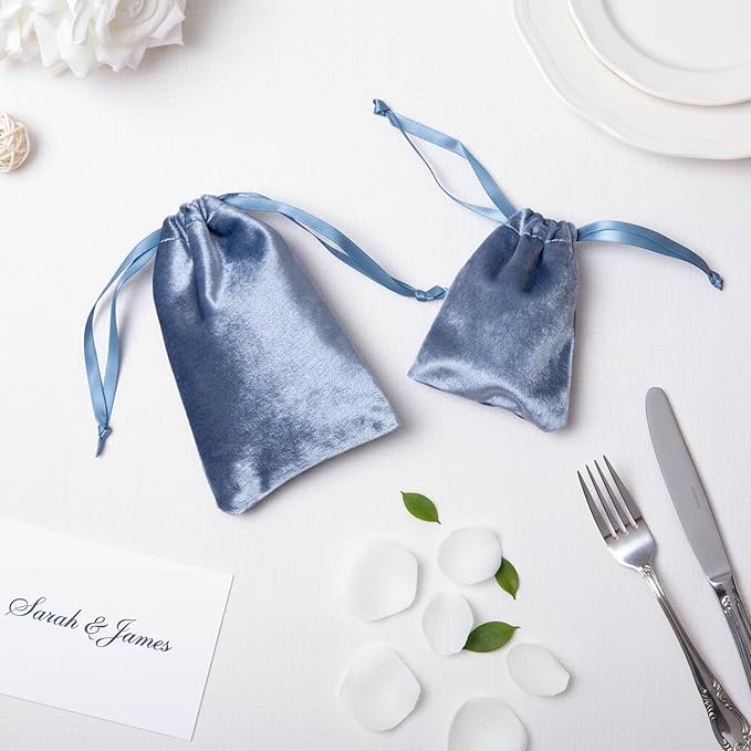 QIANF 12pcs Dusty Blue Velvet Drawstring Bags 4x6 inches Glossy Small Velvet Cloth Gift Bags Jewelry Pouches for Storage Wedding Party Favor Christmas