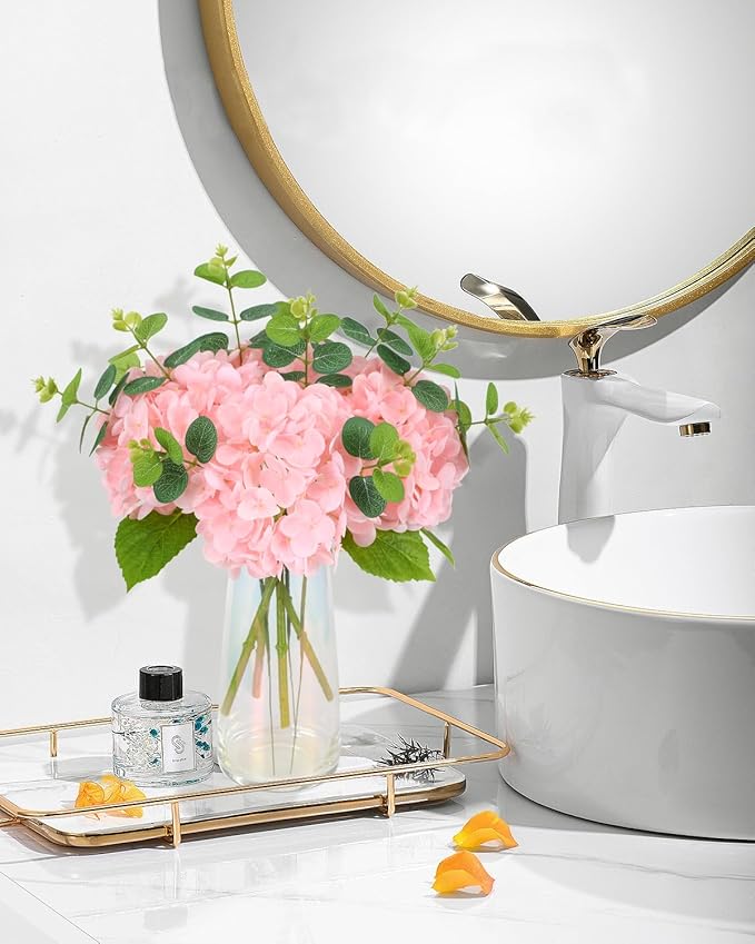 Tifuly Fake Hydrangea Artificial Flowers with Vase 4pcs Real Touch Faux Hydrangea with 3pcs Eucalyptus Stems for Wedding Centerpiece Home Party Table Decoration（Pink）