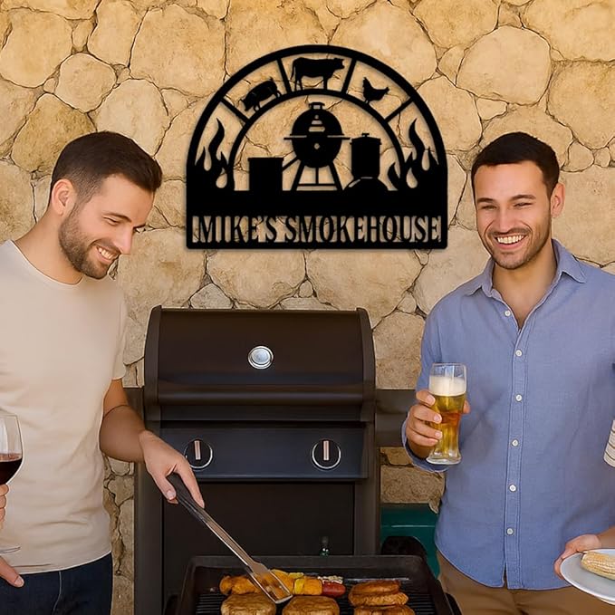 Custom Smokehouse Metal Sign, Personalized BBQ Grill and Smoker Plaque with Fire and Farm Animal Design, Outdoor Patio Yard Wall Decor for Barbecue Lovers, Rustic Christmas Birthday Gift