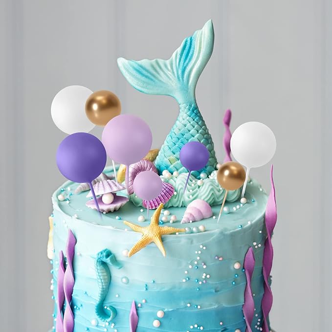 ASTARON 32 Pcs Ball Cake Topper Decorations Mini Balloons Cake Topper Sticks Foam Balls Cake Picks Cake Topper Balls Cake Decorations for Wedding Party Birthday Cake Decorating (Purple Gold)