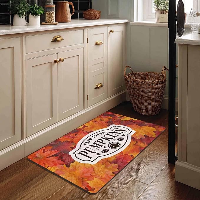 Fall Welcome Maple Leafs Decorative Door Mat, Autumn Thanksgiving Doormat for Indoor Outdoor Entrance Floor Mats,Fall Pumpkins Non Slip Harvest Vintage Decor Rubber Welcome Mats 16" x 24" Inch