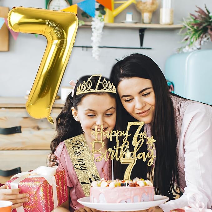 7th Birthday Decorations for Girl with 7th Birthday Girl Sash and Tiara, Candles and Cake Topper, Number Balloons, 7 Year Old Girls Gifts