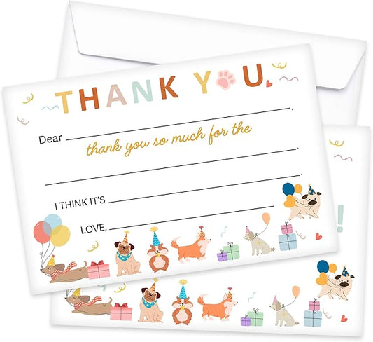 Kids Thank You Card, Dog Theme Thank You Notes, Pet Greeting Card With Envelope, Birthday Wedding Graduation Christmas Party Favors Supplies Decor(20 Pcs)-06