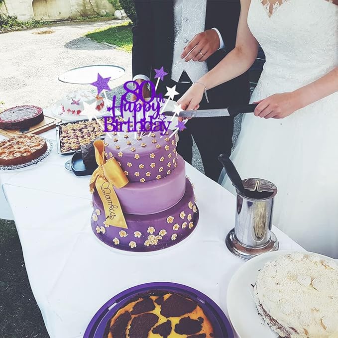 Glittery 80th Happy Birthday Cake Topper with Star,Personalised 80 Birthday Cake Toppers Party Decorations Party Supplies for Men Women Purple Silver