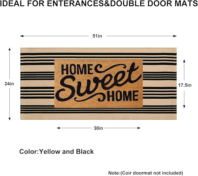 KIMODE Fall Front Door Mat 24"x51", Black and Khaki Striped Layered Door Mat Outdoor, Washable Farmhouse Front Porch Rug Halloween Thanksgiving Decorations, Cotton Hand Woven Entryway Rug