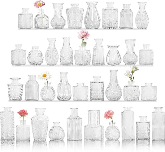 Set of 36 Glass Bud Vase Set, Small Vintage Clear Flower Vase Centerpieces for Table Bulk Cute Rustic Style Mini Vase for Home Decor Wedding Baby Shower Birthday Party
