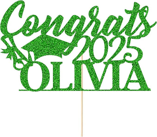 Personalized Cake Topper Custom Congrats Graduation Hat Student Class of 2025 Double Sided Glitter Card with Any Name (Green)