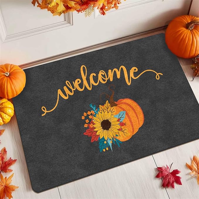 InterestPrint Fall Door Mat with Non-Slip Backing, Welcome Pumpkin Doormat Front Porch Rug Welcome Mats for Autumn Halloween Thanksgiving Farmhouse Decor, 30"x18"inch