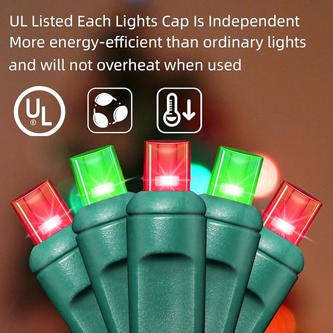 LAMPHOME 50L String Lights, LED Christmas Lights, 6" SPACING,Green Wire, Red and Green