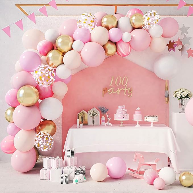 Amandir 144Pcs Pink Balloons Garland Arch Kit Light Pink Gold White Confetti Latex Metallic Balloons for Girl Birthday Baby Shower Wedding Graduation Party Decorations Supplies