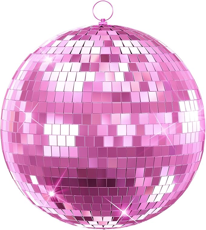 Classic Mirror Ball for Disco, 12"/16"/20" Mirror Disco Ball with Hanging Ring for DJ Club Party Live Wedding Stage Lighting Home Decor Pink 12Inch