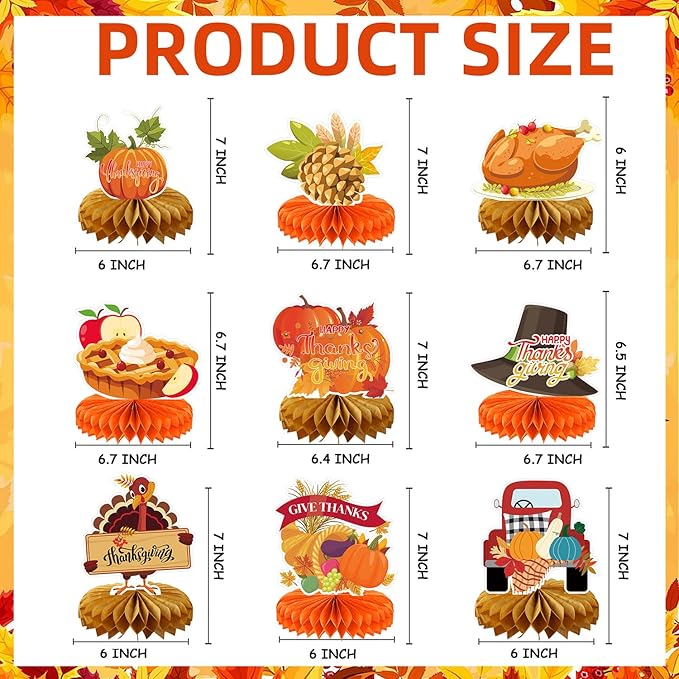 9Pcs Thanksgiving Centerpiece Fall Centerpiece Table Decorations Pumpkin Turkey Honeycomb Thanksgiving Table Centerpiece for Thanksgiving Table Decoration Autumn Theme Birthday Party Supplies