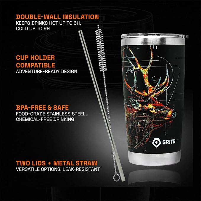 GRITR Stainless Steel Tumbler – 20oz/30oz, Insulated & Leakproof, Hot or Cold Drinks Anywhere, Travel Tumbler with Straw and Lids for Coffee, Water & Smoothies