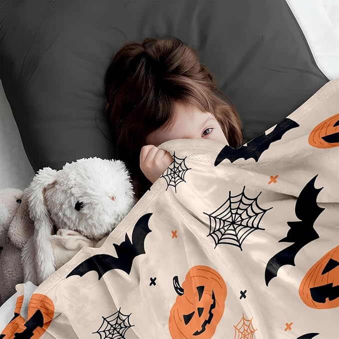 Halloween Flannel Throw Blanket – Ghost, Bat & Pumpkin Pattern – Orange Festive Blanket for Couch or Bed, W50 x L70in