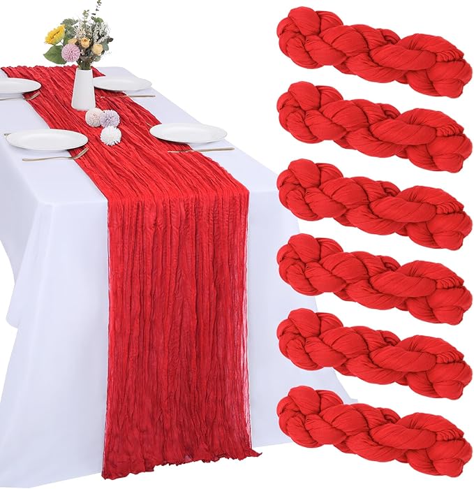 6 Pack Christmas Table Runner Red Cheesecloth Table Runner 10FT Boho Gauze Fabric 35 x 120 Inch Rustic Sheer Runner for Centerpiece Wedding Decor Baby Shower Party Holiday Decoration